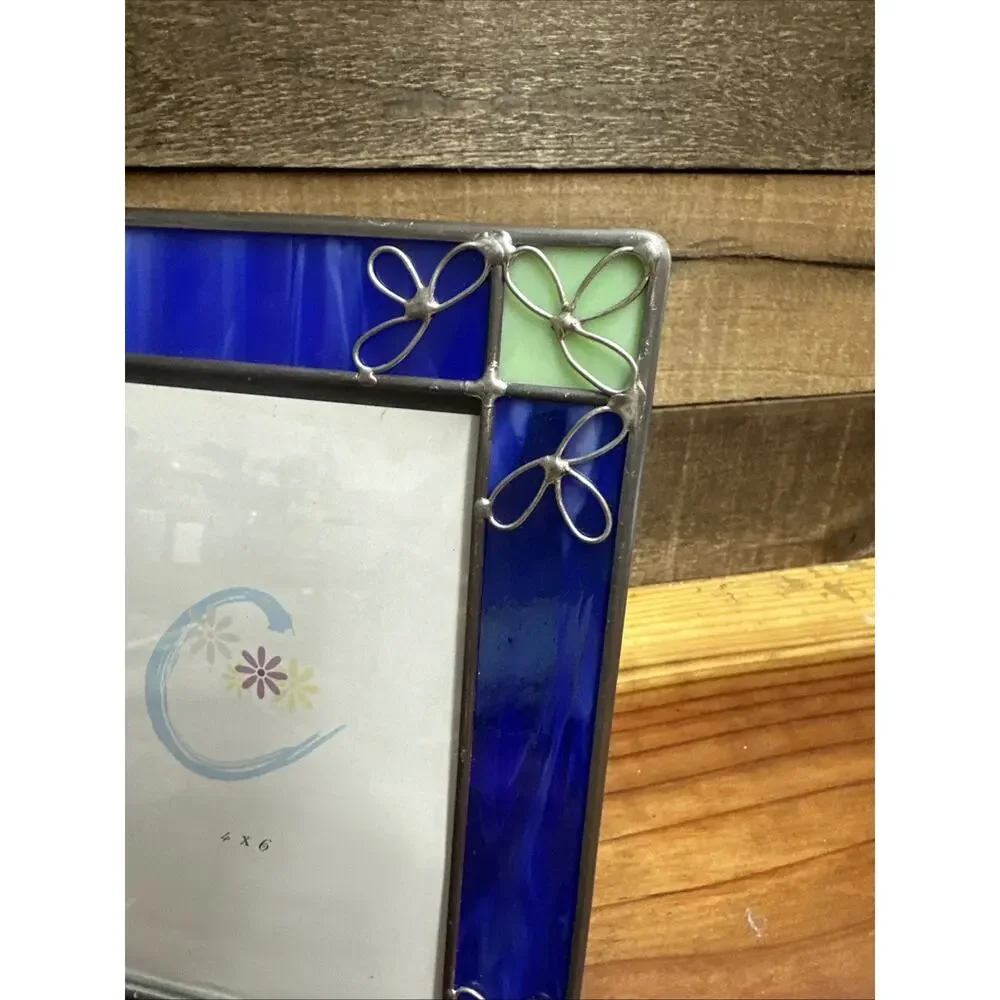 Blue & Green Slag Stained Leaded Glass Frame Holds 4x6” Photo ~ Free Standing